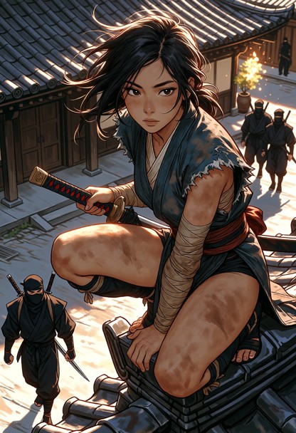 She's crouching on top of a high ancient Japanese rooftop, one hand on the handle of her sword, looking down at a nin…