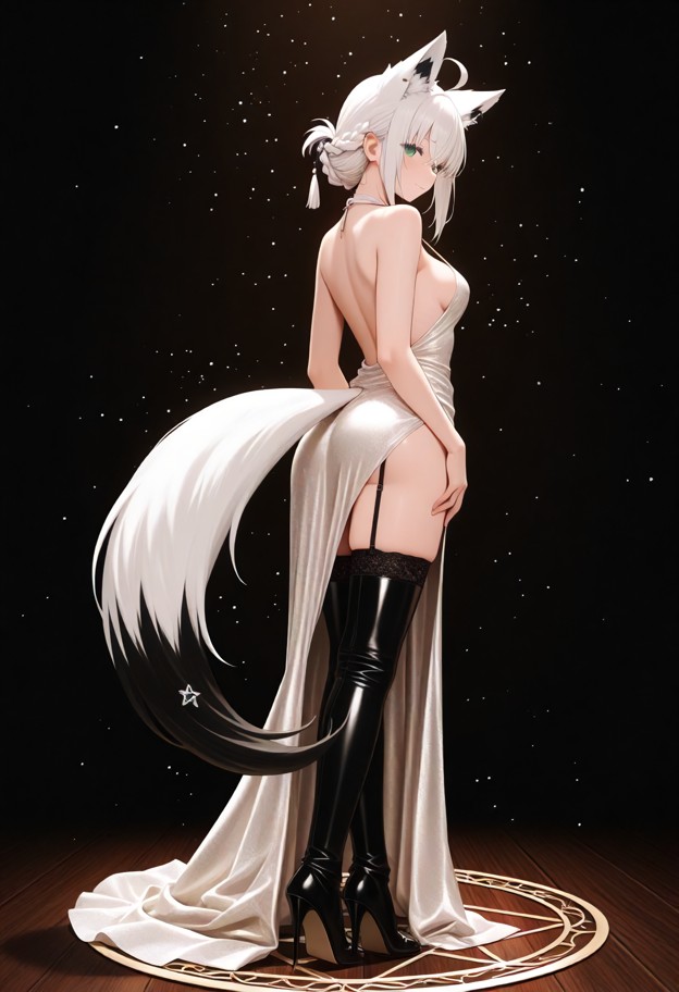 she is wearing evening dress,slit dress,stockings,leather thigh high boots,stiletto heels,elegant ballroom,full body,…