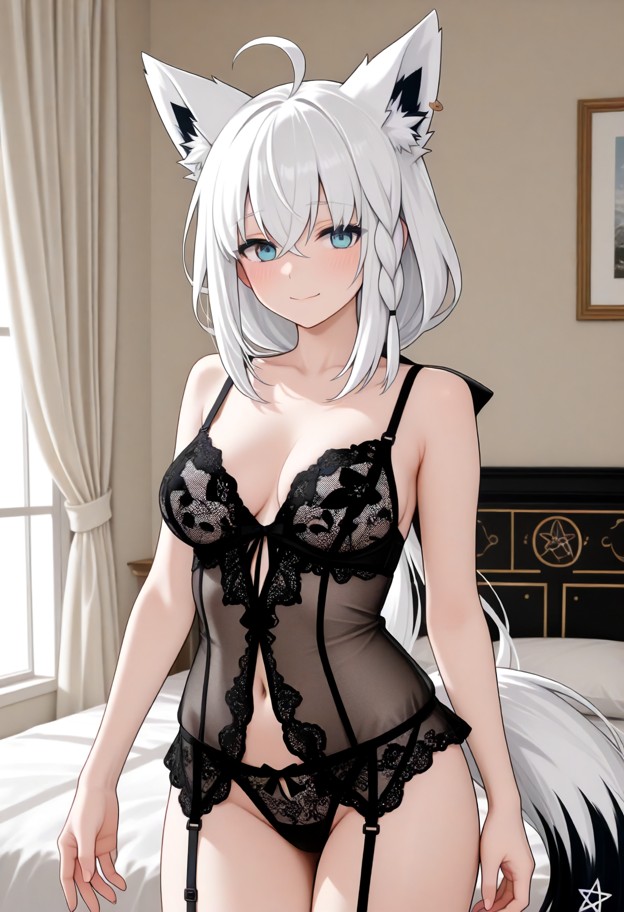 she is is modeling her new lingerie,lace lingerie,bedroom,medium shot,soft lighting