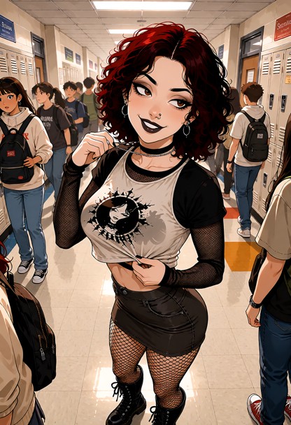 Location: a busy high school hallway filled with the hum of students, with lockers lining the walls and fluorescent c…
