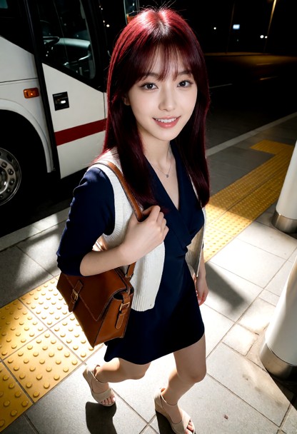 Location: Bus station. Position: Hannah walks away from bus station. Night light. Hannah has a happy expression. Leat…
