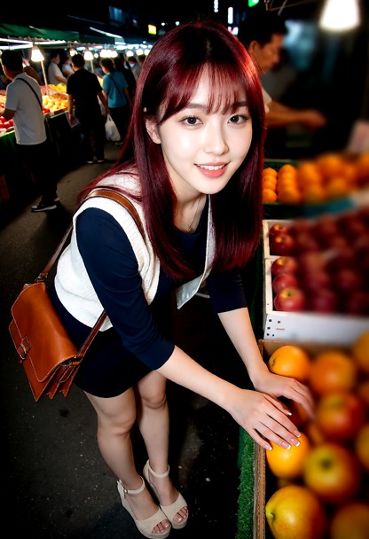 Location: Busy night time Korean market. Position: Hannah looks a fruit stand. Night time. Hannah has a happy express…