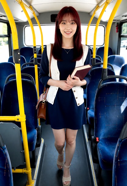 Location: Bus. Position: Hannah walks down aisle on bus. Sunny day. Hannah has a happy expression, smiling. Hannah ho…