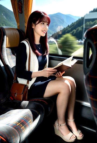 Location: Bus. Position: Hannah sits on back seats of bus. View of mountain valley through windows rolling past. Sunn…