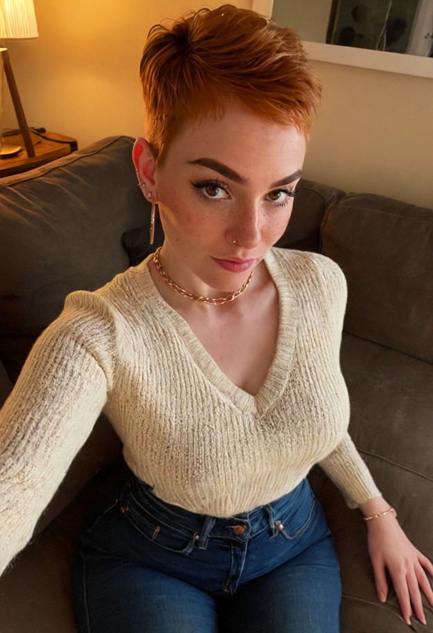 saoirse is sitting on the couch looking down,cream knit sweater,dark denim jeans,dim living room,soft fabric couch,lo…