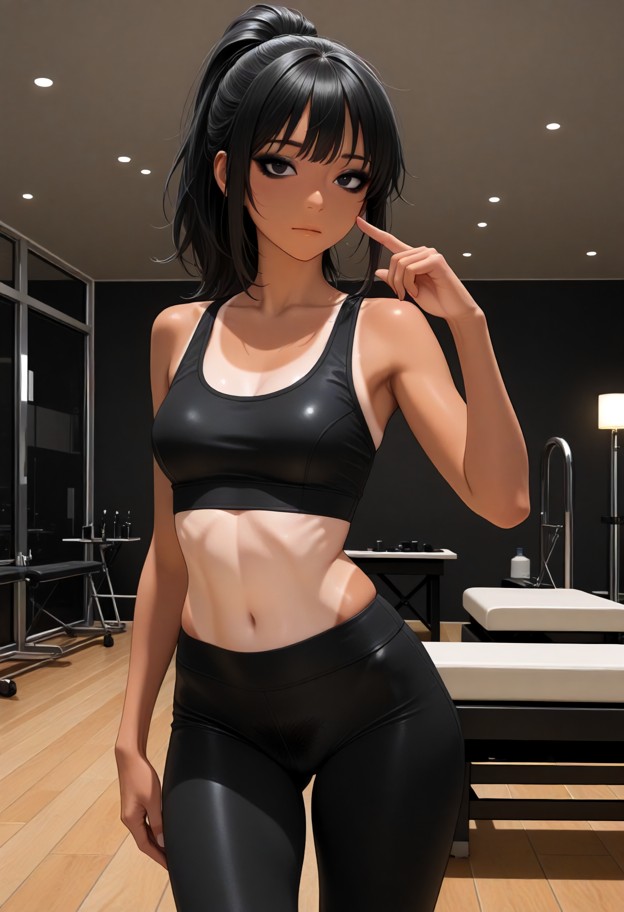 she is is standing close and running a finger along her collarbone,black sports bra,black leggings,training room,mass…