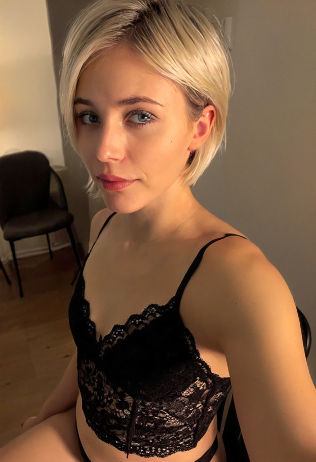 cecelia is sitting on a chair with her back arched and head snapped back,black lace camisole,black lace panties,dimly…