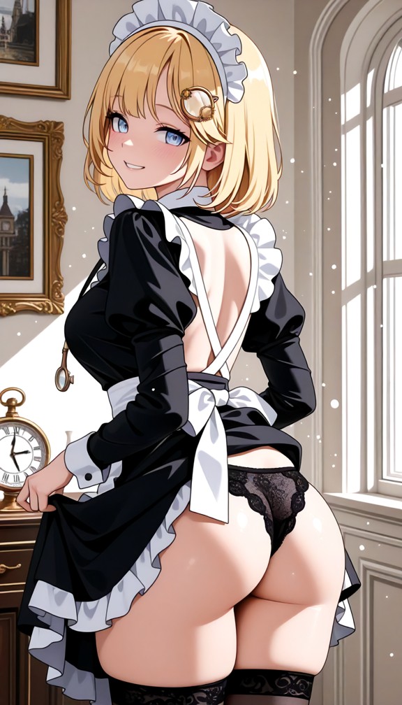 1girl,underwear,panties,ass,breasts,maid,thighhighs,black_panties,solo,maid_headdress,enmaided,indoors,clothes_lift,p…