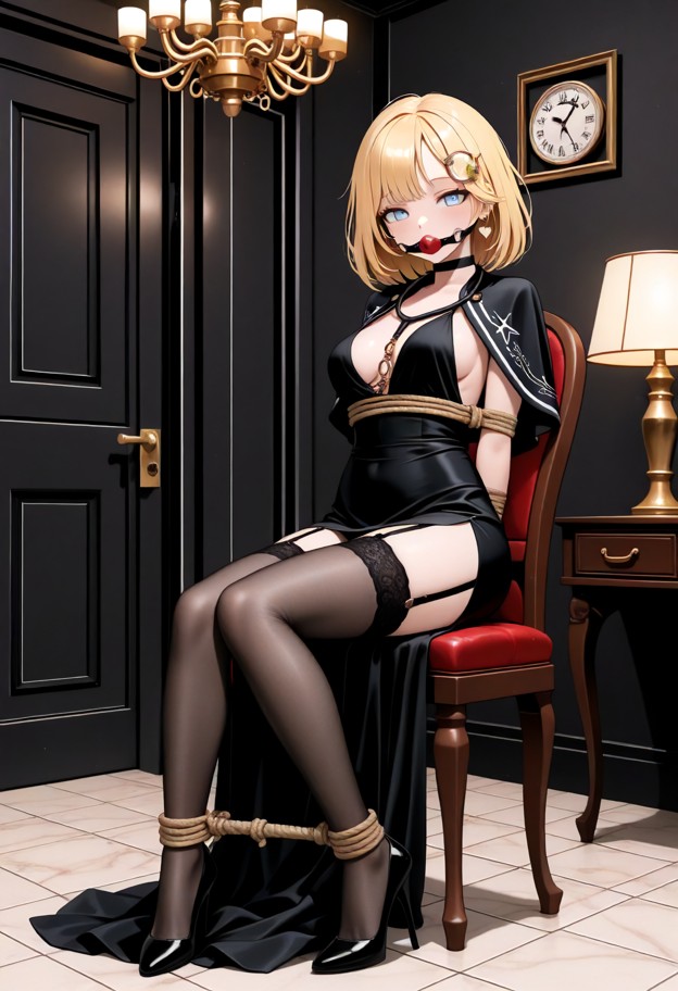 1girl,,breasts,dress,solo,virtual_youtuber,high_heels,thighhighs,black_dress,tail,black_footwear,indoors,full_body,ch…