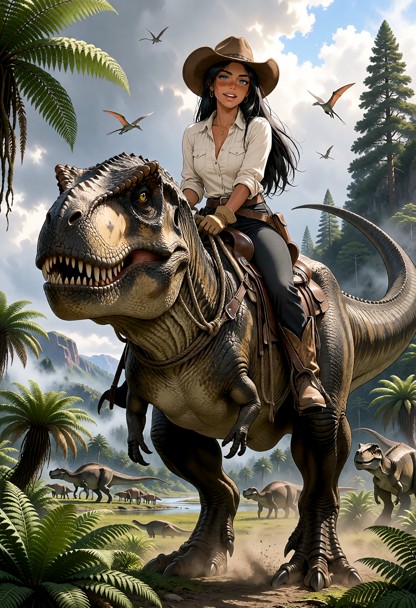 Dinosaur Wrangler Zahra: Rugged tan leather cowboy hat, fitted cream button-up shirt with the sleeves rolled to her e…