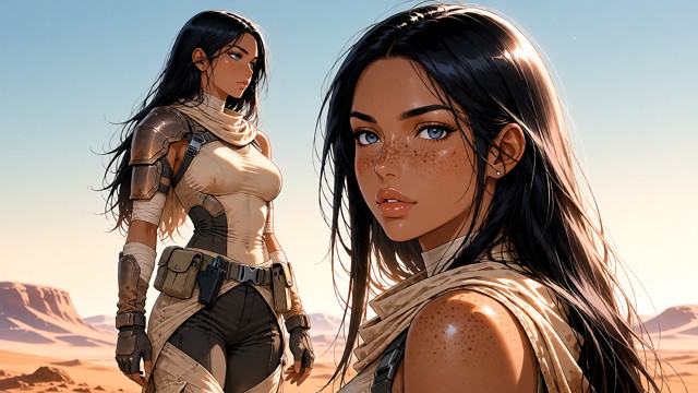 outfit: Light desert combat outfit with a fitted, sleeveless sand-colored tactical top, lightweight dark utility trou…