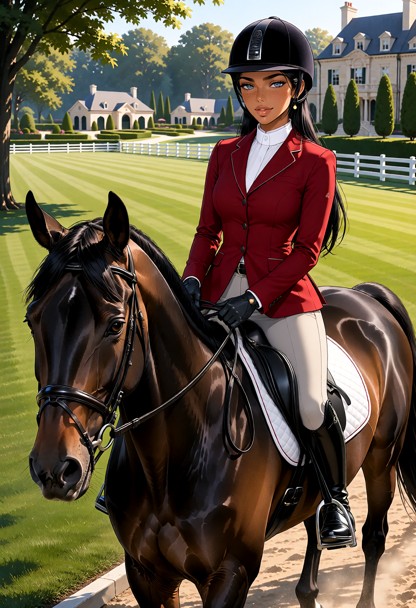 Zahra: Impeccably tailored gray riding breeches, polished black knee-high riding boots, fitted deep-red equestrian ri…