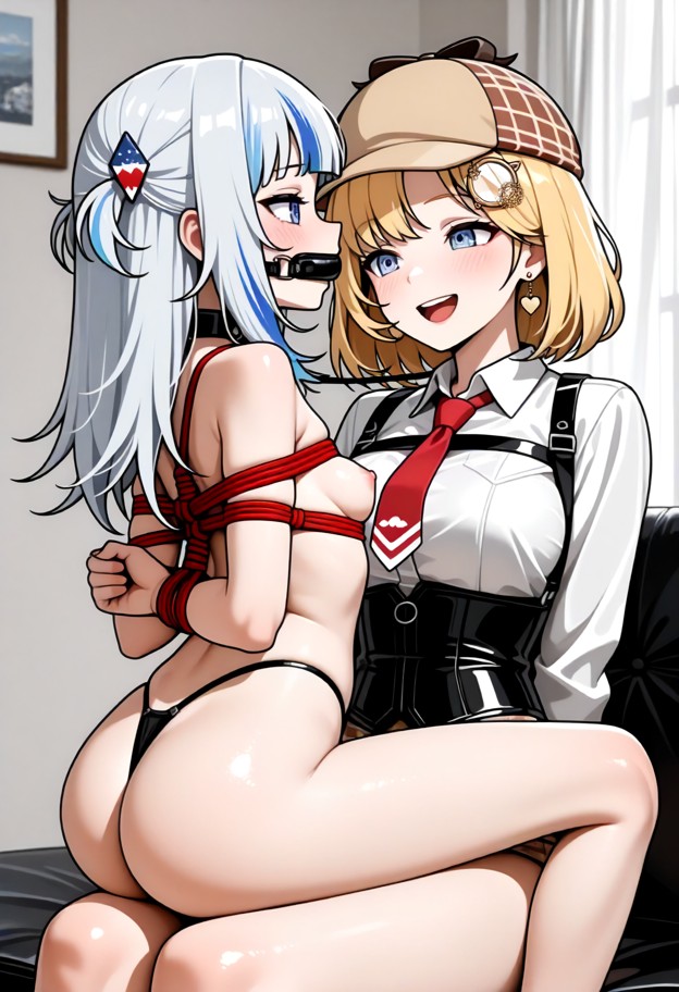 multiple_girls,2girls,bdsm,femdom,bondage,bound,gag,gagged,yuri,breasts,ass,nude,arms_behind_back,sitting_on_person,c…