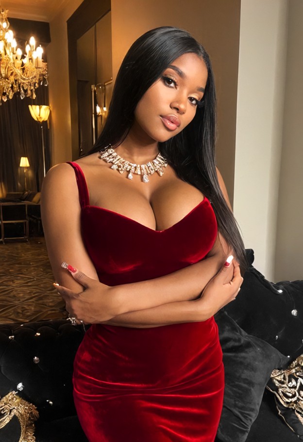 she is standing with arms crossed,red velvet dress,diamond necklace,luxurious room,golden ornaments,elegant furniture…