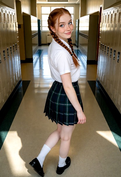 Location: bright afternoon in a high school hallway with polished linoleum floors, rows of metal lockers, and sunligh…