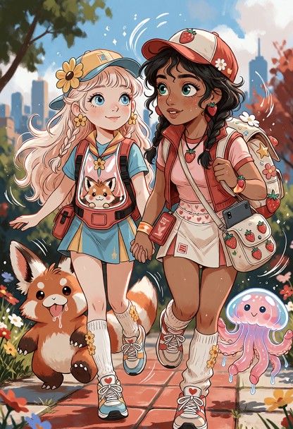 Tania and Sunnie walk hand in hand, gazing lovingly at each other and skipping along. They’re accompanied by Dickachu…
