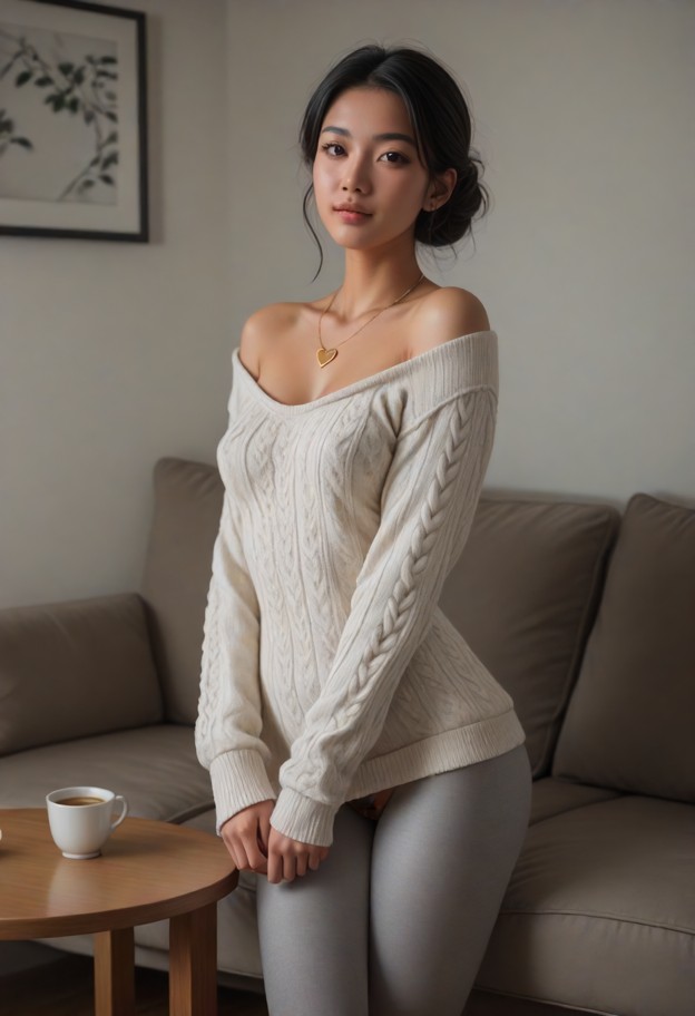 lyin is hugging viewer,cream oversized wool sweater,grey cotton leggings,cozy dimly lit apartment living room,soft fa…