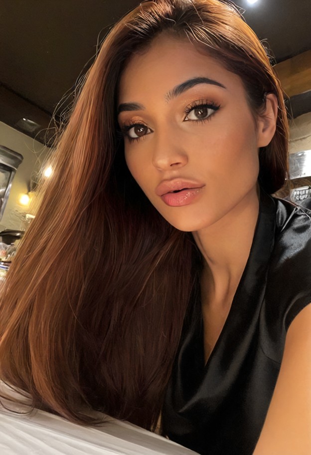 she is kneeling under the tablecloth,solo,black silk top,crowded cafe corner,dark wooden table,white tablecloth,selfi…