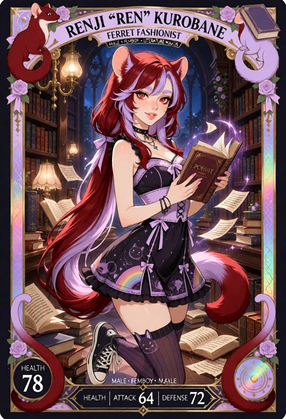Create an ultra-detailed premium character trading card featuring RENJI “REN” KUROBANE, a 25-year-old male ferret kem…