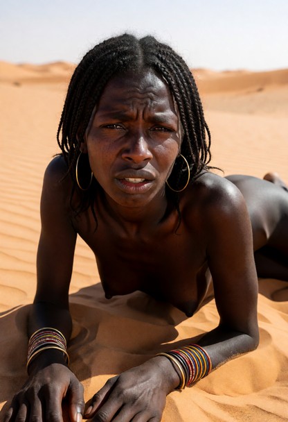 Location: midday in a vast, desolate desert under a harsh, blinding sun that casts sharp, unforgiving shadows across …