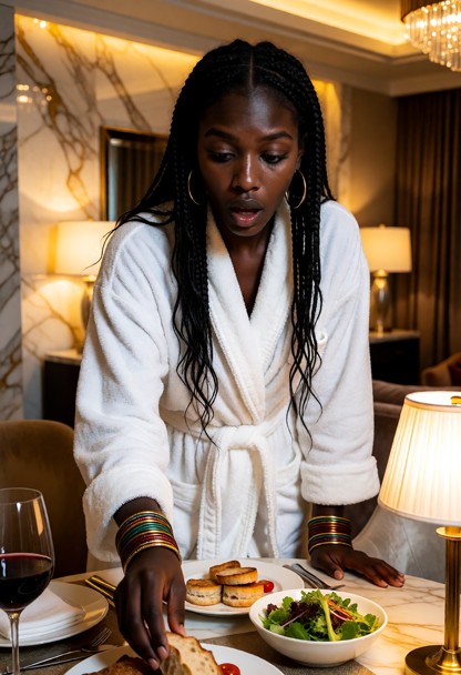 Location: inside a luxurious hotel suite with warm, ambient lighting that reflects off polished marble surfaces and s…