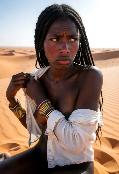 Location: midday in a vast, desolate desert under a harsh, blinding sun that casts sharp, unforgiving shadows across …