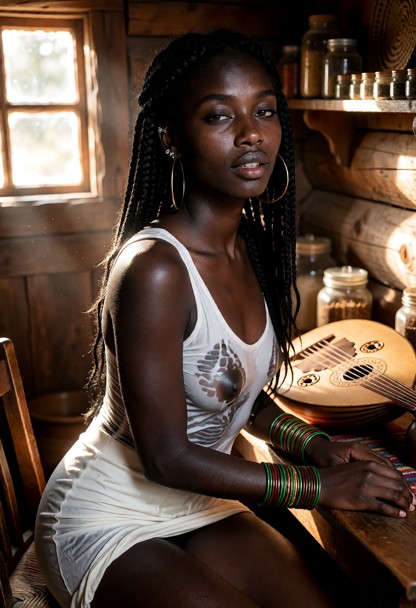 Location: cozy interior of a rustic wooden cabin with warm sunlight filtering through small window panes, illuminatin…