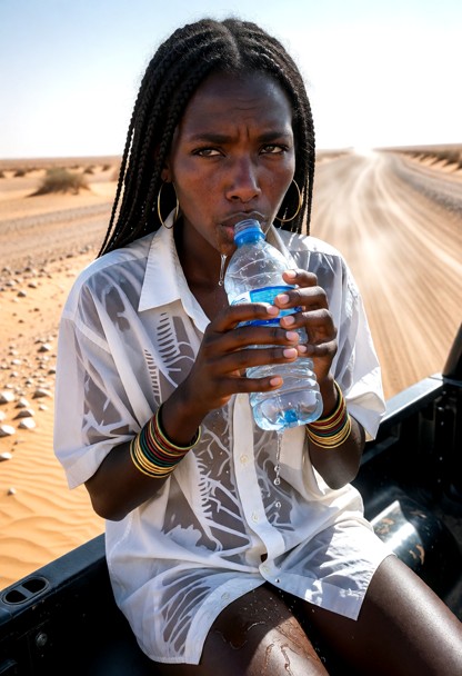 Location: midday in a vast, arid desert landscape under a harsh, blinding sun, with heat waves shimmering above the u…