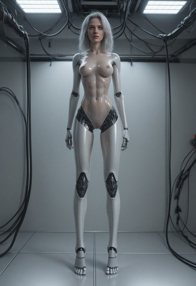 she is robot is standing next to a metallic table,grey jumpsuit,sterile laboratory,white tiled walls,technical equipm…