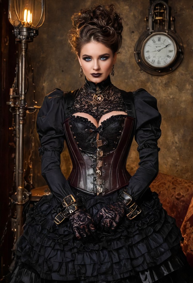 wide angle full body view. a beautiful woman with hair styled in an elegant updo,posing against a time machine as in …