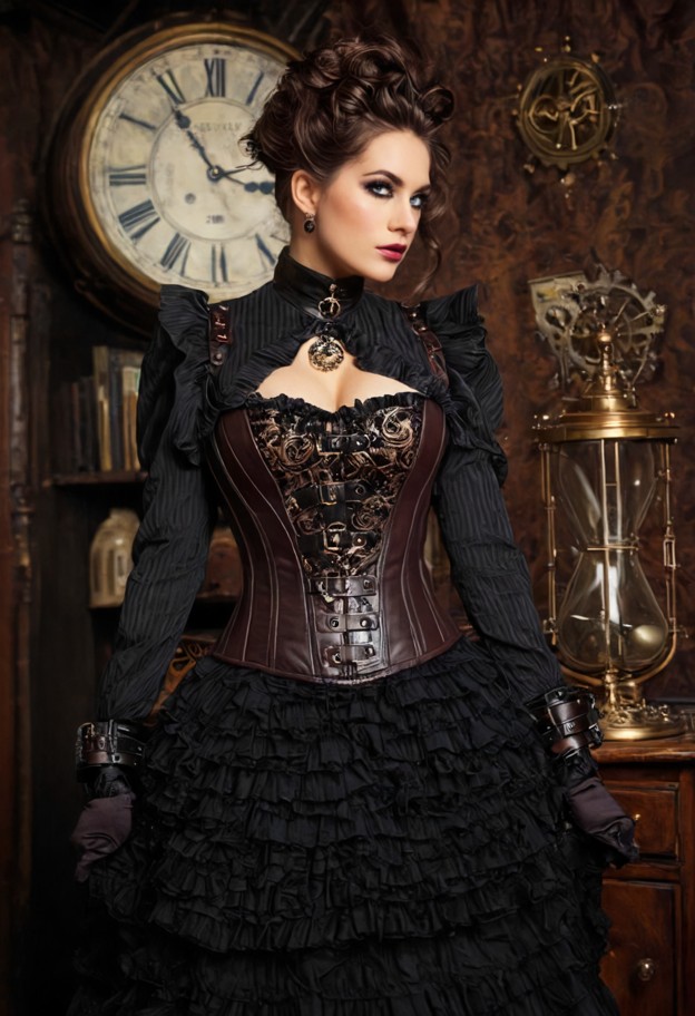 wide angle full body view. a beautiful woman with hair styled in an elegant updo,posing against a time machine as in …
