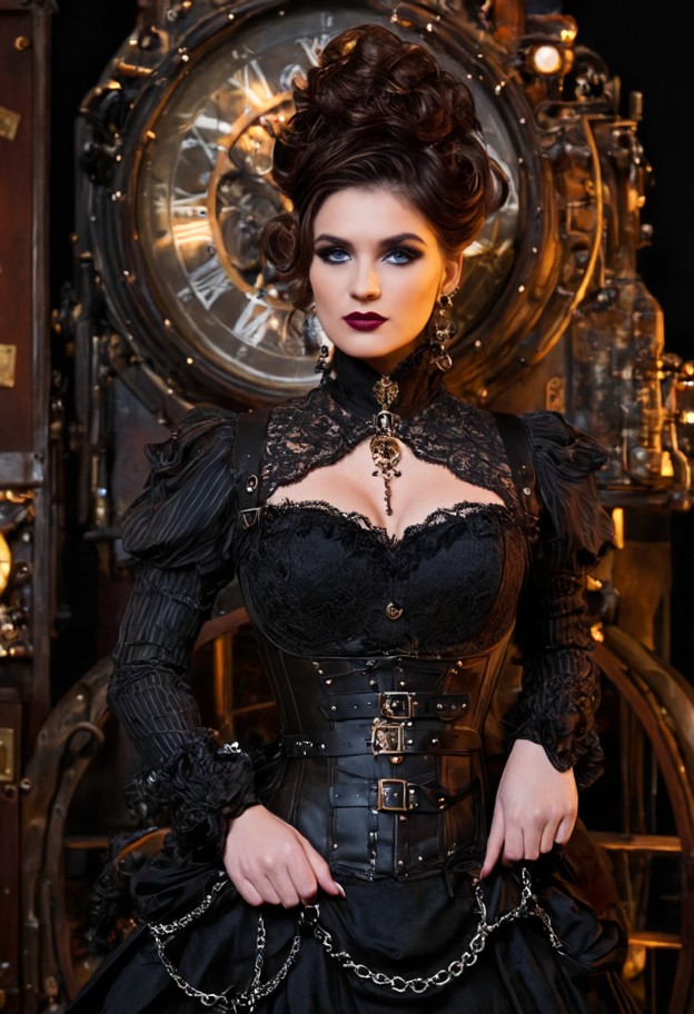 wide angle full body view. a beautiful woman with hair styled in an elegant updo,posing against a time machine as in …