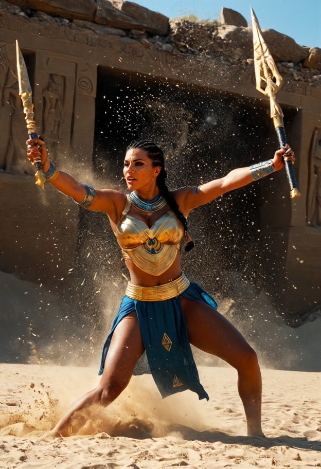 (dynamic action shot:1.4),(cinematic battle scene in the style of stargate sg-1:1.3),3 fierce athletic military women…