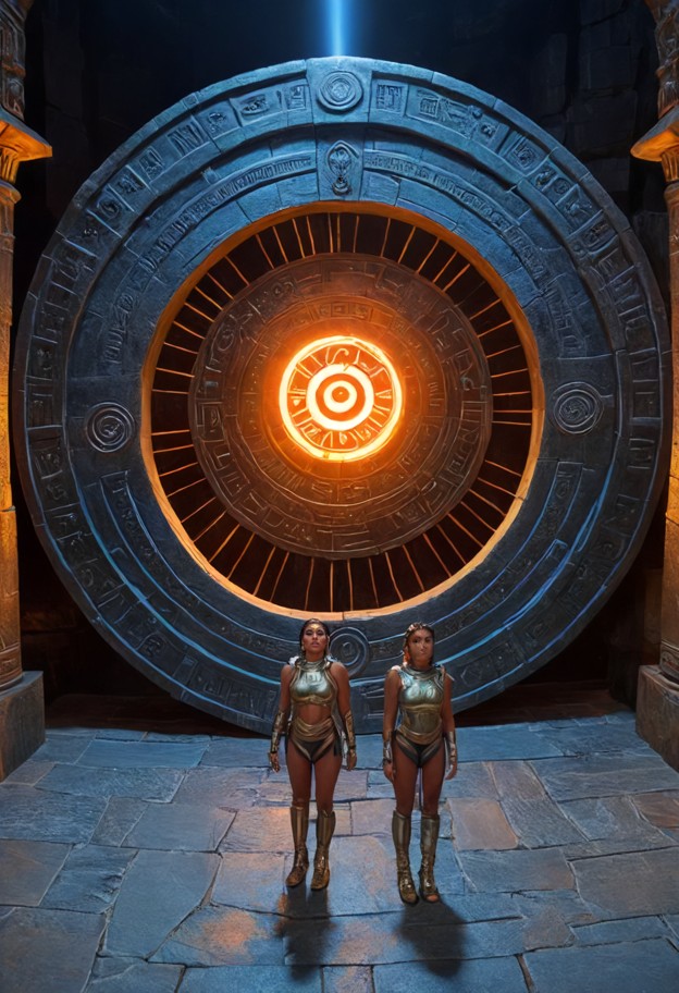 ((stargate sg-1 style:1.2)),(extreme wide angle shot:1.3),a (colossal ring-shaped metallic stargate standing vertical…