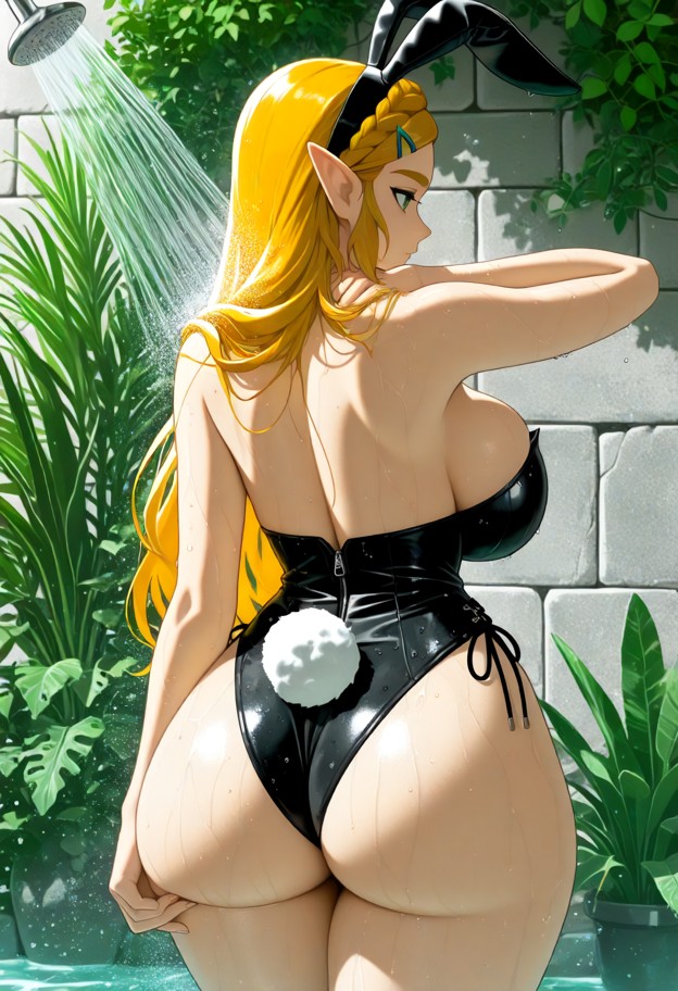 zelda posing in an outdoor shower,black bunny she is costume,black bunny ears,black tail,outdoor shower,stone walls,t…
