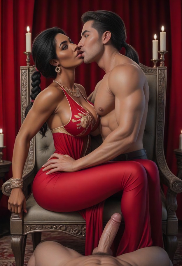 sitting in armchair,arched back,smirking,red silk aladdin top,gold braided waistband,translucent red veil,red silk ha…