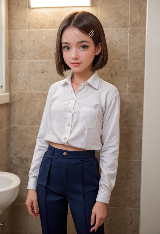 solo,hideyoshi kinoshita,school uniform,white shirt,blue trousers,standing,school bathroom,stall,tiled wall,dim light…