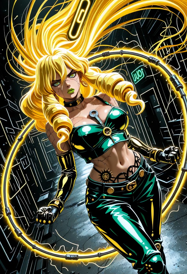 (action-packed dynamic angle,1990s retro anime aesthetic,style of jojo's bizarre adventure season 3 stardust crusader…