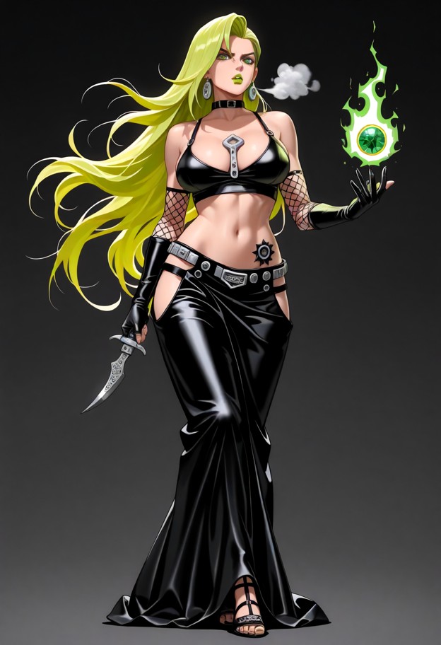 a powerful sorceress in a combat stance,one hand extended forward charging a glowing spell ball,wind blowing through …