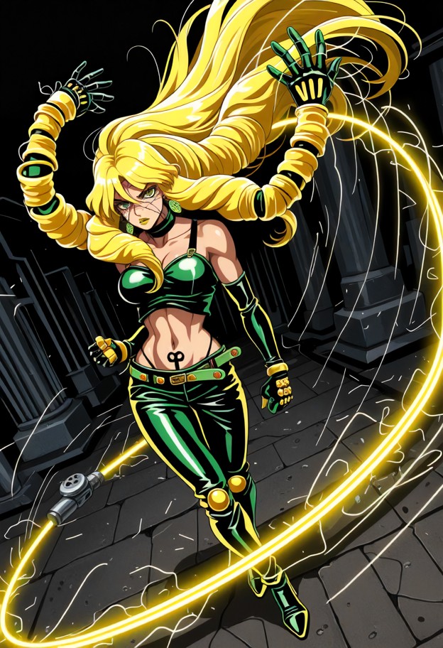 (action-packed dynamic angle,1990s retro anime aesthetic,style of jojo's bizarre adventure season 3 stardust crusader…