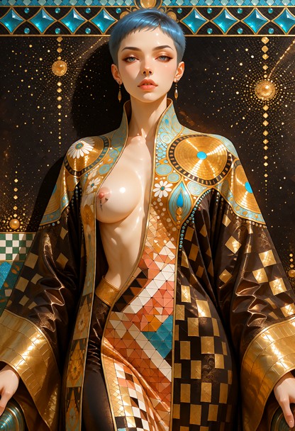 portrait of a 1 girl, kawaii style, standing figure in an ornate art-nouveau / gustav klimt–inspired mosaic style, fr…