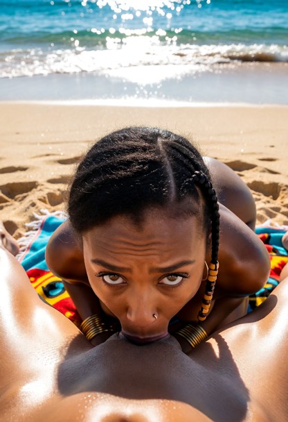 Location: bright, sun-drenched beach with fine golden sand and turquoise waves gently lapping the shore, where the in…