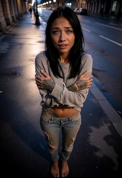 Location: a dimly lit city street at dusk, with the soft, cool glow of distant streetlamps reflecting off the damp, d…