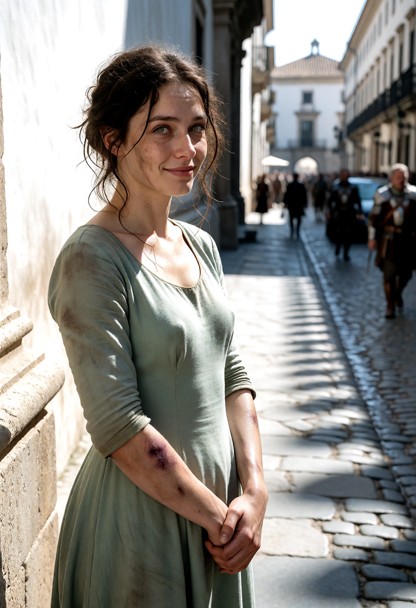 Location: a sunlit cobblestone street near the palace gates in the bustling capital, where the midday sun casts brigh…