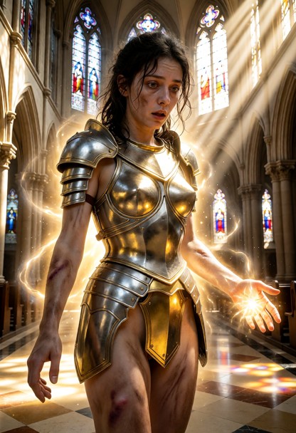 Location: the interior of a vast, sunlit cathedral nave where beams of golden light stream through high stained-glass…