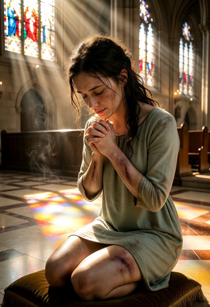 Location: the interior of a vast, sunlit cathedral nave where beams of golden light stream through high stained-glass…