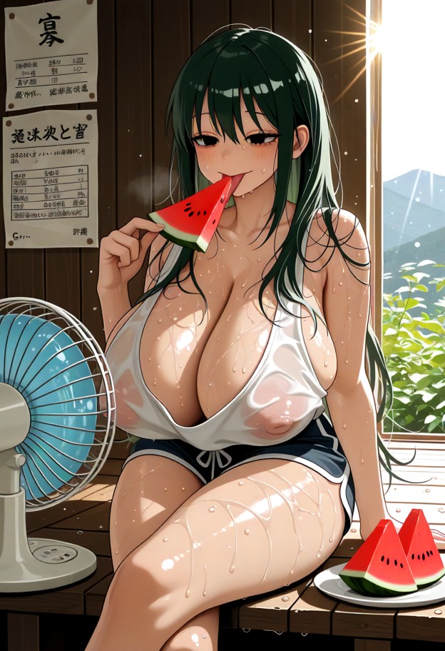 1girl,solo,anime style,extremely hot japanese countryside summer,sitting on a wooden engawa of a traditional japanese…