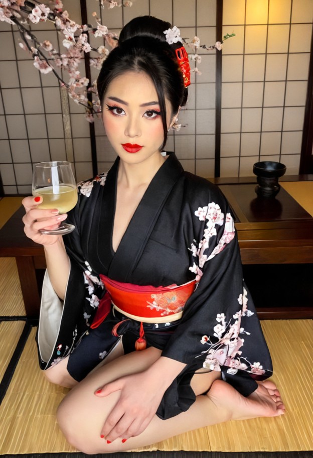 she is is kneeling on tatami mats holding a sake glass,silk kimono,wide obi sash,traditional japanese room,low wooden…