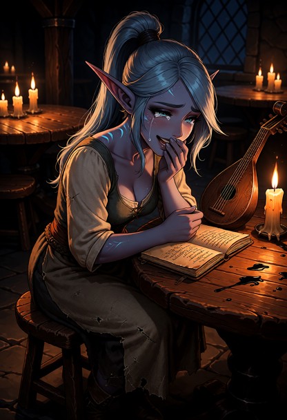 Location: dim tavern at night with flickering candlelight casting warm amber glows over wooden tables and heavy shado…