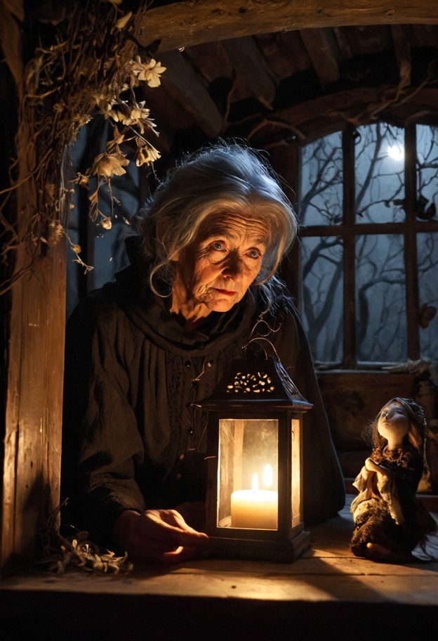 old hag searching through a dusty attic filled with ancient trunks,strange dolls,old books,dried flowers and mysterio…